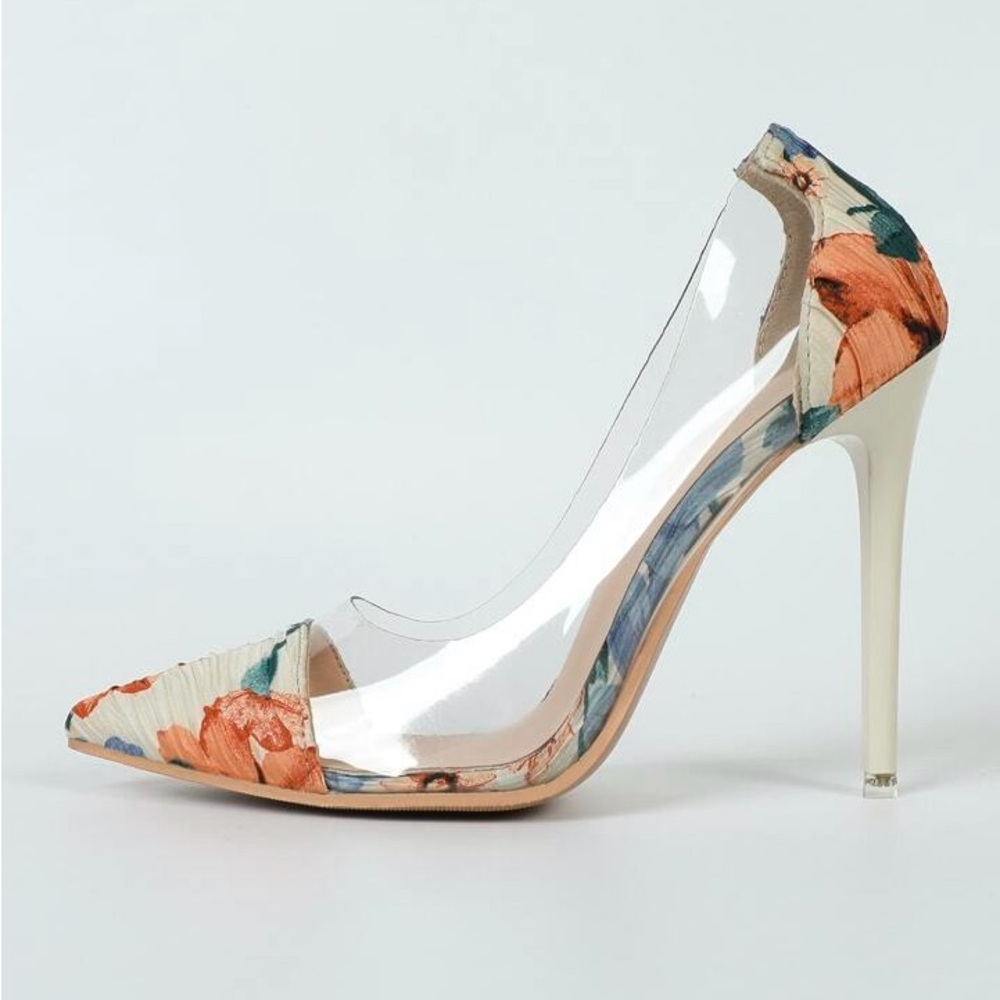 Floral Stiletto Heels pvc point toe court pumps color block high elegant sexy - Picture 5 of 13